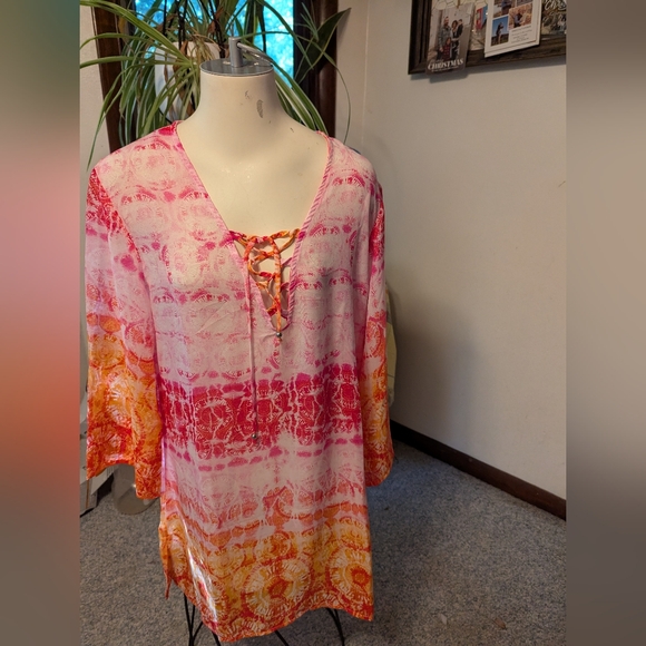 NWT Pacific Beach Orange Pink Tones Lace Neckline Swimsuit Coverup Sz XL - Picture 1 of 4